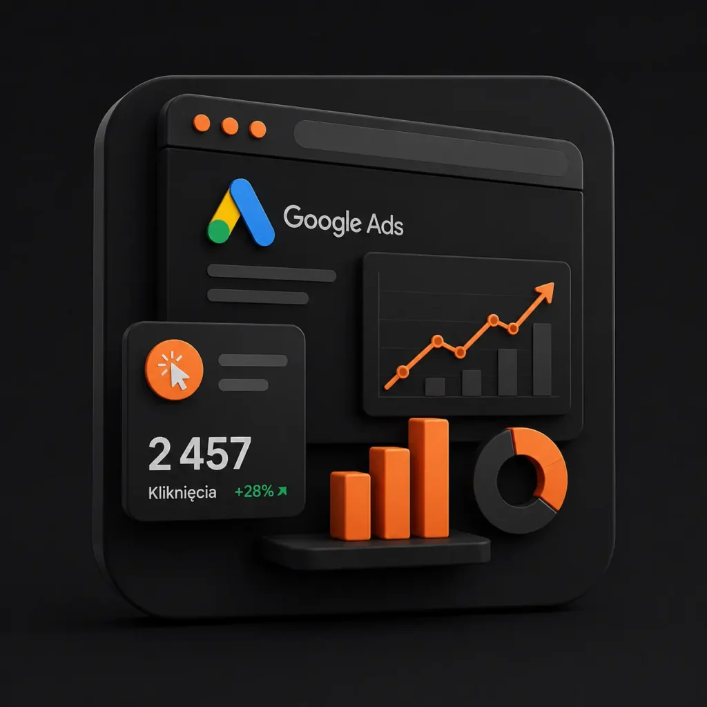 Ciemna grafika 3D przedstawiająca panel Google Ads z wykresami, kliknięciami i wynikami kampanii reklamowej